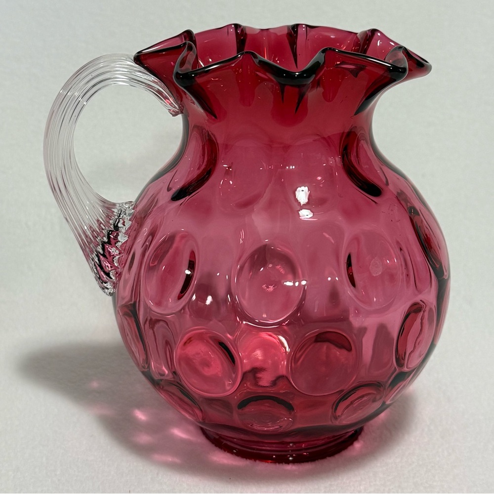 Fenton Handblown Ruby Red Glass Pitcher with Clear Handle - Vintage